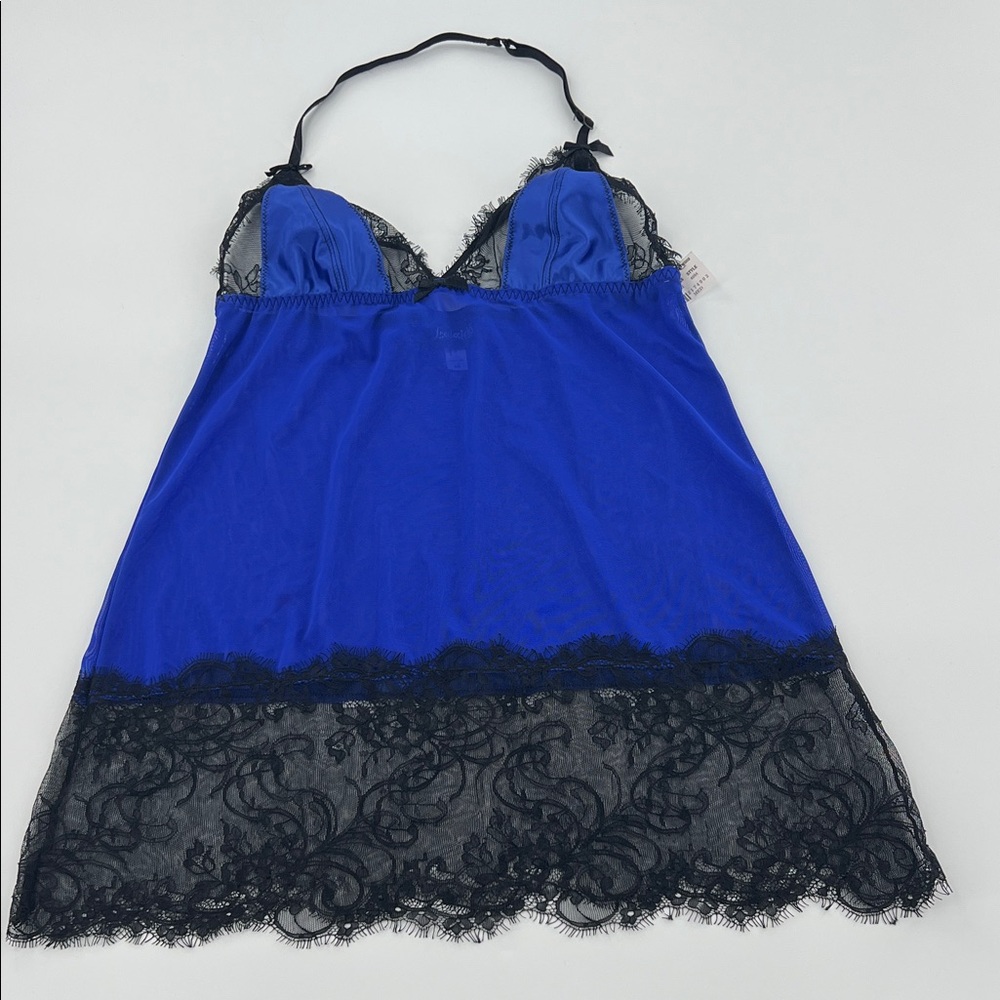 Frederick's of Hollywood Royal Blue and Black‎ Lace Chemise halter lace trim NWT